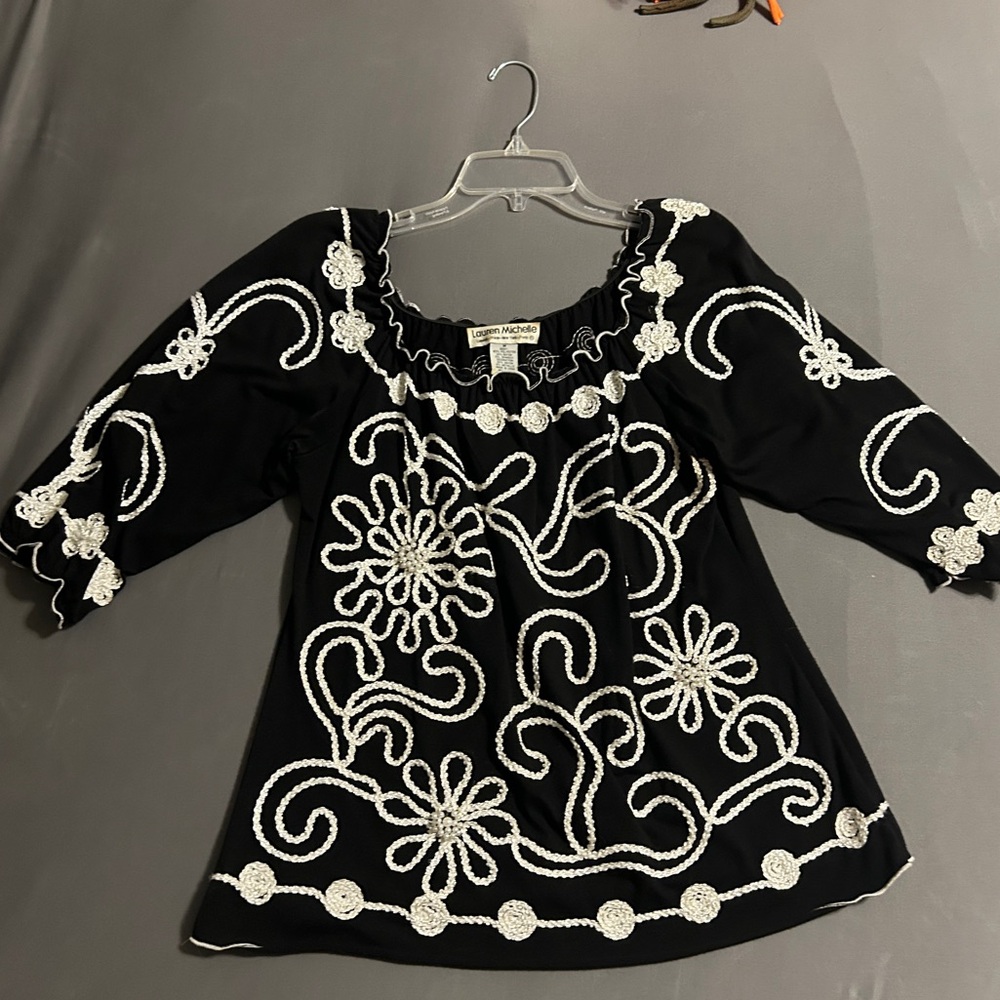 Lauren Michelle black top with embroidered cord and flowers